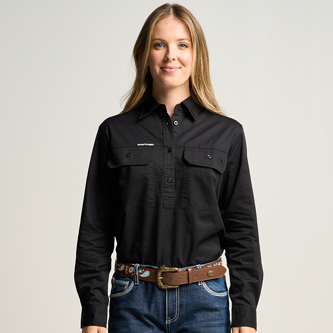 SOMERSET WOMENS HALF BUTTON LONG SLEEVE WORK SHIRT-Black