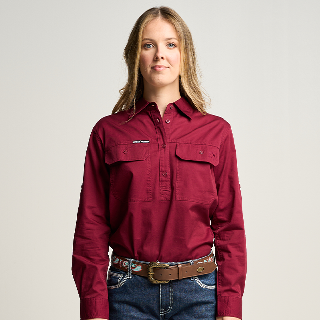 SOMERSET | Womens Half Button Long Sleeve Work Shirt - Burgundy